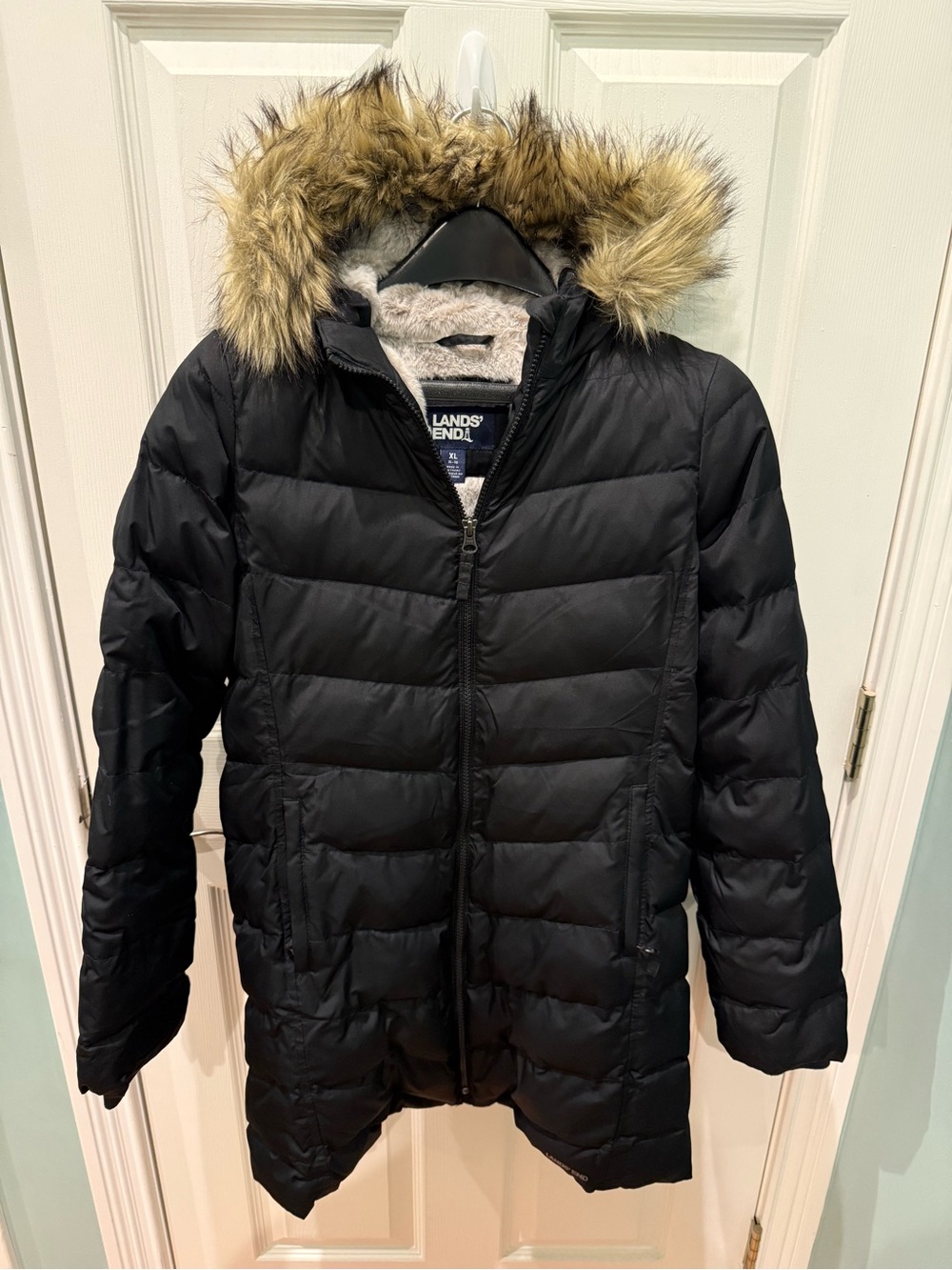 Lands' End Black Girls' Puffer Jacket with Faux Fur Hood